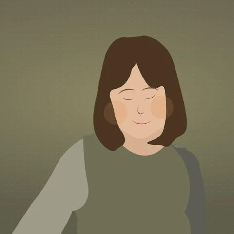 Illustration of Maddy, the artist behind Pluffi: smiling, eyes closed, brown hair and a green sweater